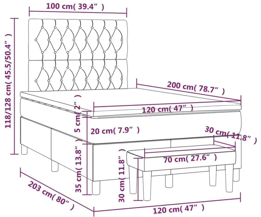 Cama boxspring com colchão 120x200 cm veludo rosa