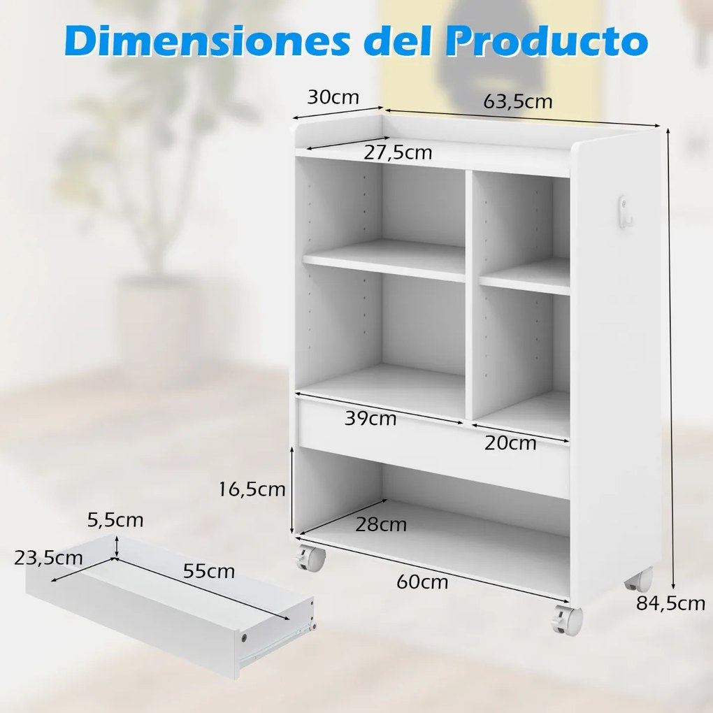 Armário de arrumação com gaveta com estantes ajustáveis  com rodas para escritório e sala de estar 63,5 x 30 x 84,5 cm Branco