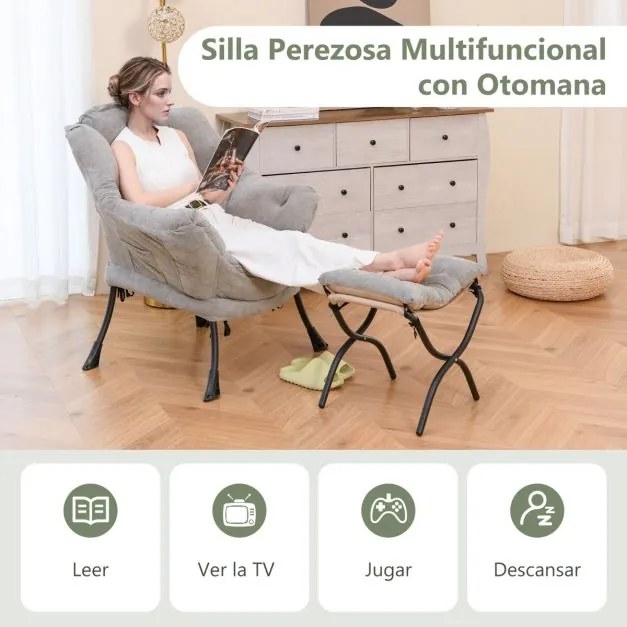 Poltrona com pufe estofada em sherpa de grandes dimensões com apoio para os pés rebatível para a sala de estar e o quarto Cinzenta