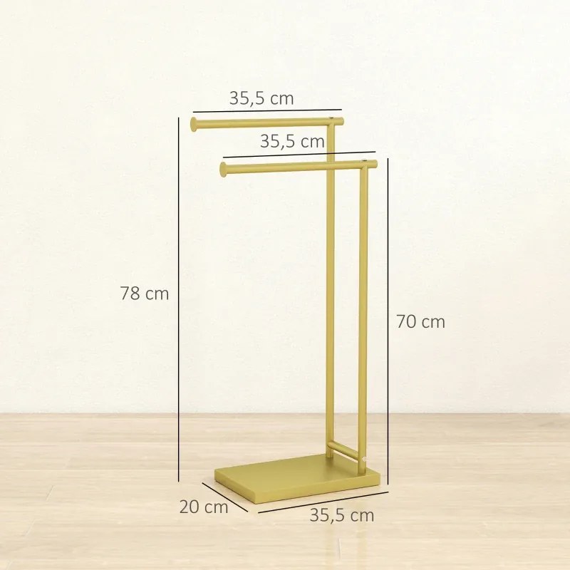 Toalheiro de Pé de 2 Níveis Toalheiro para Casa de Banho com 2 Barras e Estrutura Metálica Estilo Moderno em Forma de L 35,5x20x78 cm Dourado