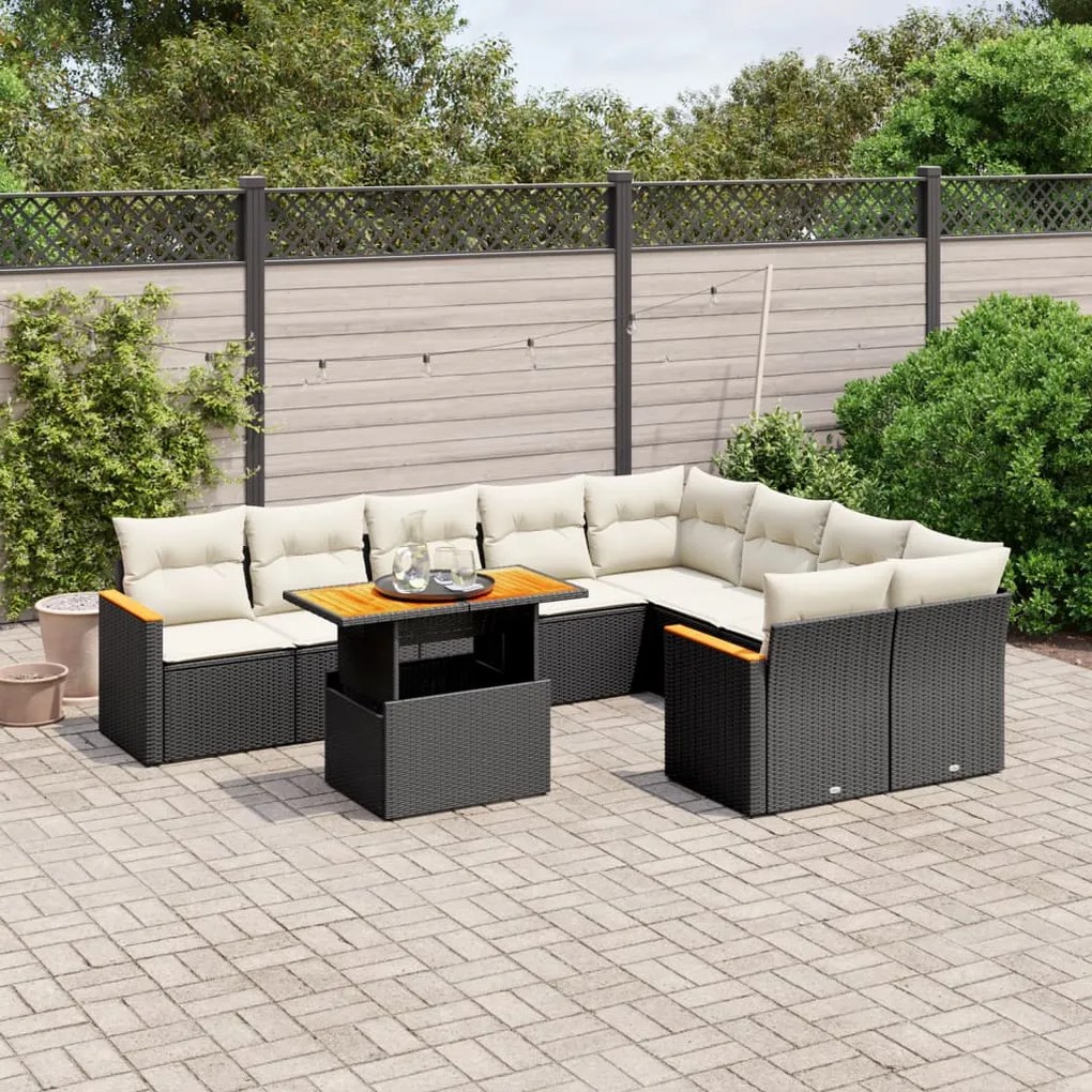 10 pcs conjunto sofás de jardim c/ almofadões vime PE preto