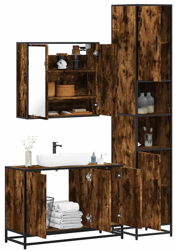 vidaXL 3 pcs conjunto de móveis WC madeira processada carvalho fumado