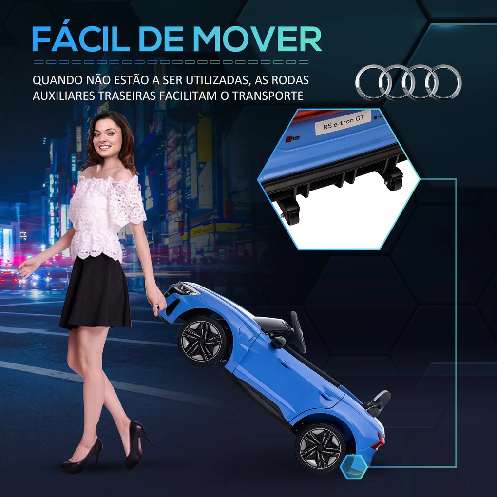 HOMCOM Carro Elétrico AUDI RS E-Tron GT para Crianças de 3-6 Anos Carro de Bateria 12V com 2 Motores Controlo Remoto Faróis LED Buzina Música USB e Abertura de Porta 3-5km/h 103x58x41cm Azul