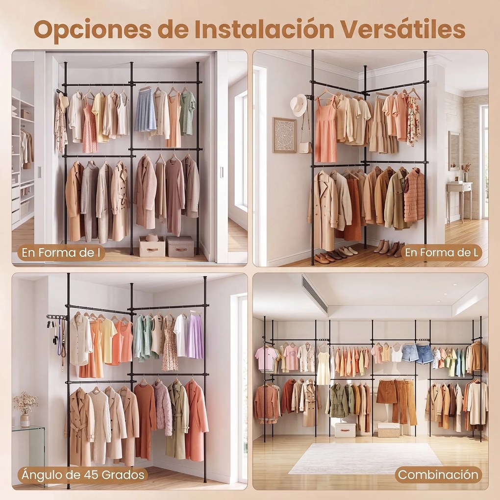 Cabideiro de Pé Modular 139-244 x 110-315 cm, Altura e Comprimento Reguláveis, Preto