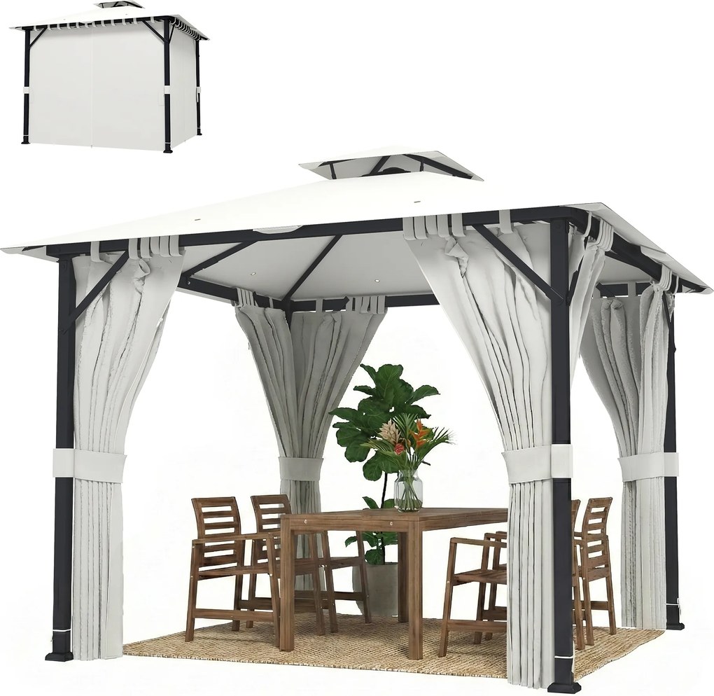 Tenda de jardim para exterior 3x3 m, pavilhão de jardim, telhado duplo, cortinas, ganchos de teto, estrutura metálica, cor creme