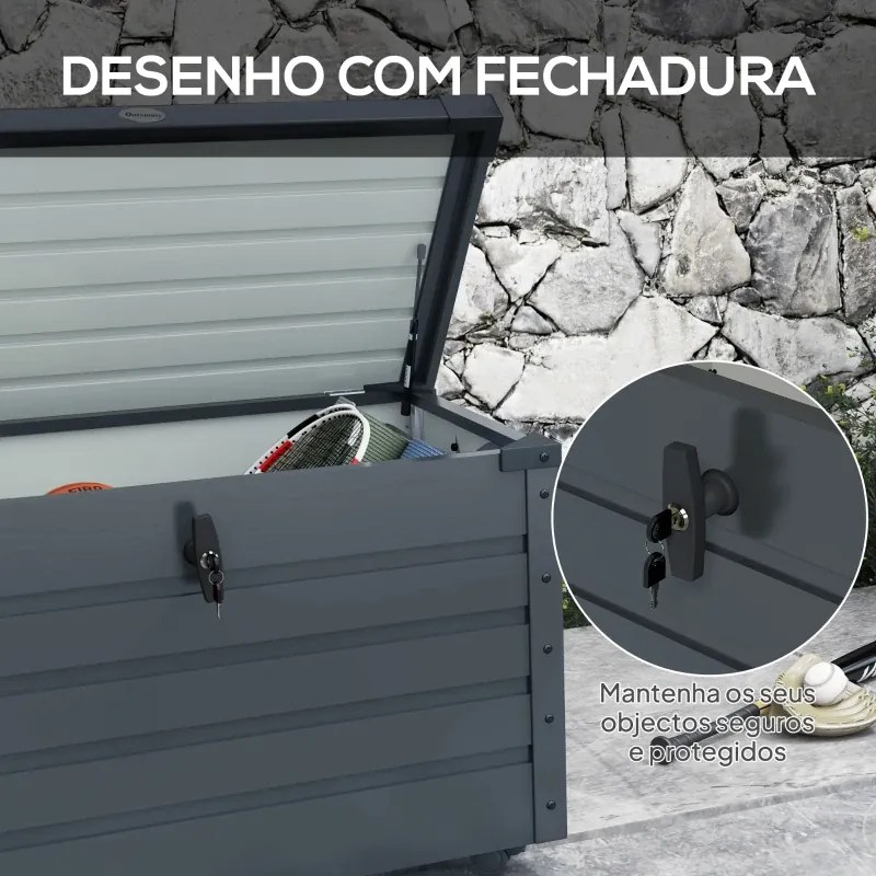 Baú de Exterior 295 L Baú de Armazenamento de Aço Galvanizado com 1 Fechadura para Jardim 100x62x65 cm Cinza Escuro