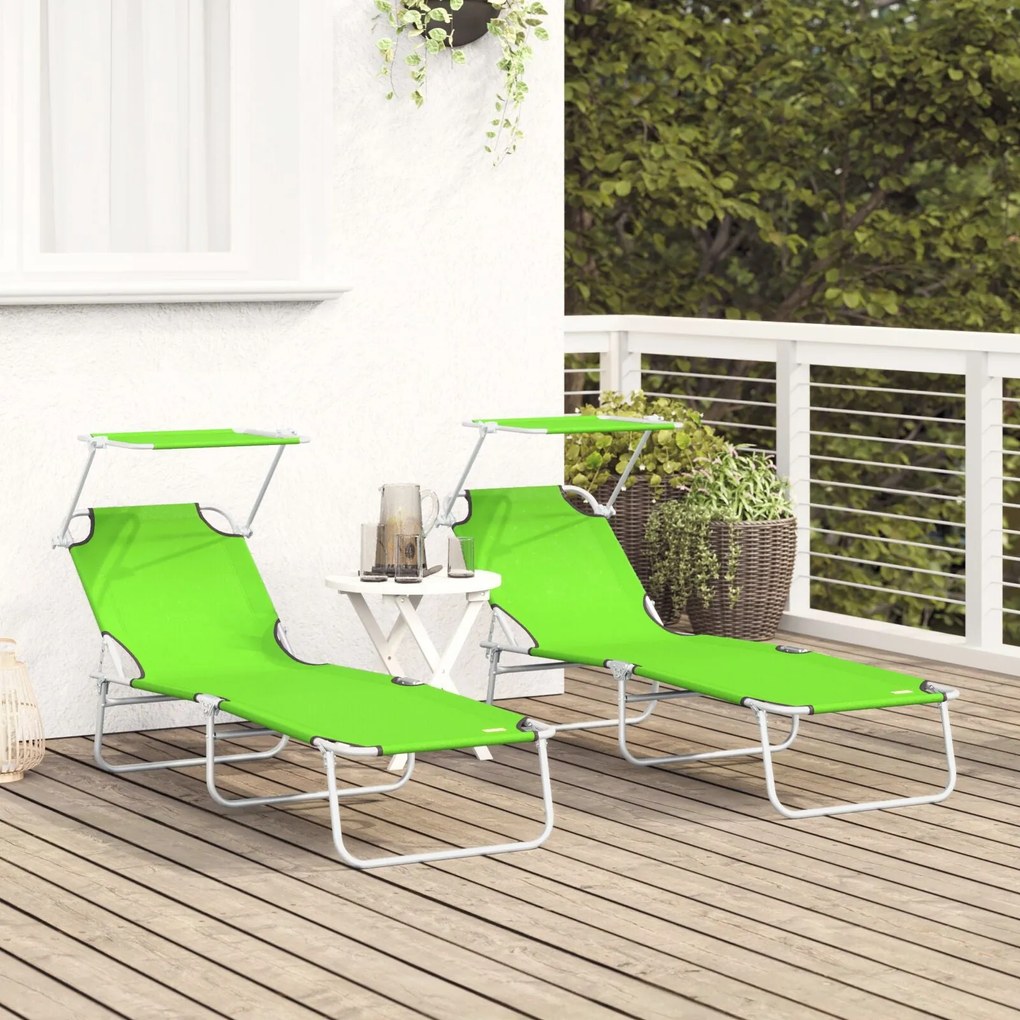 Espreguiçadeiras Dobráveis 2 pcs com Teto Verde Tecido Oxford 600D