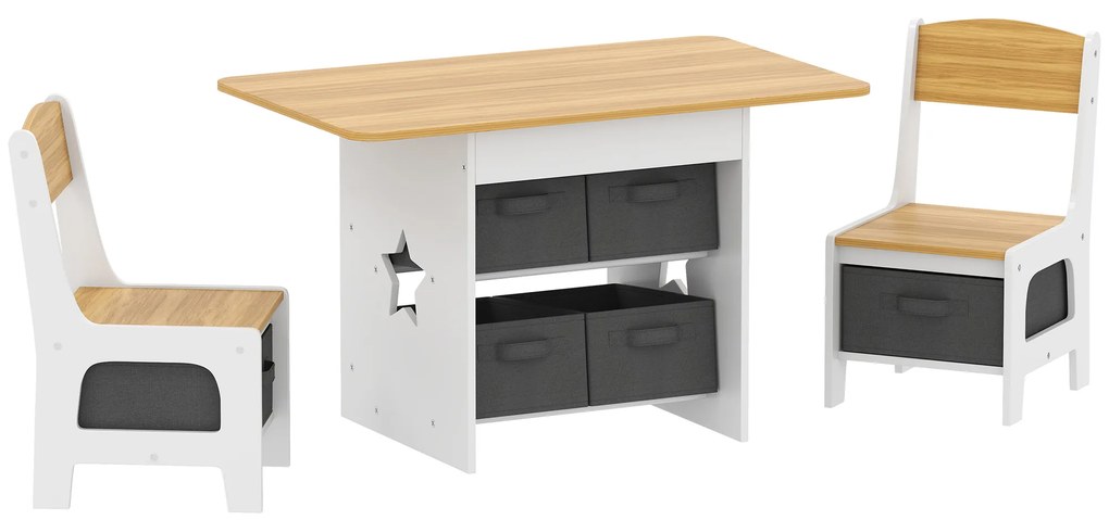 Mesa Infantil com 2 Cadeiras Mesa e Cadeiras para Crianças com 6 Gavetas de Tecido Desenho Estrelas Madeira e Branco