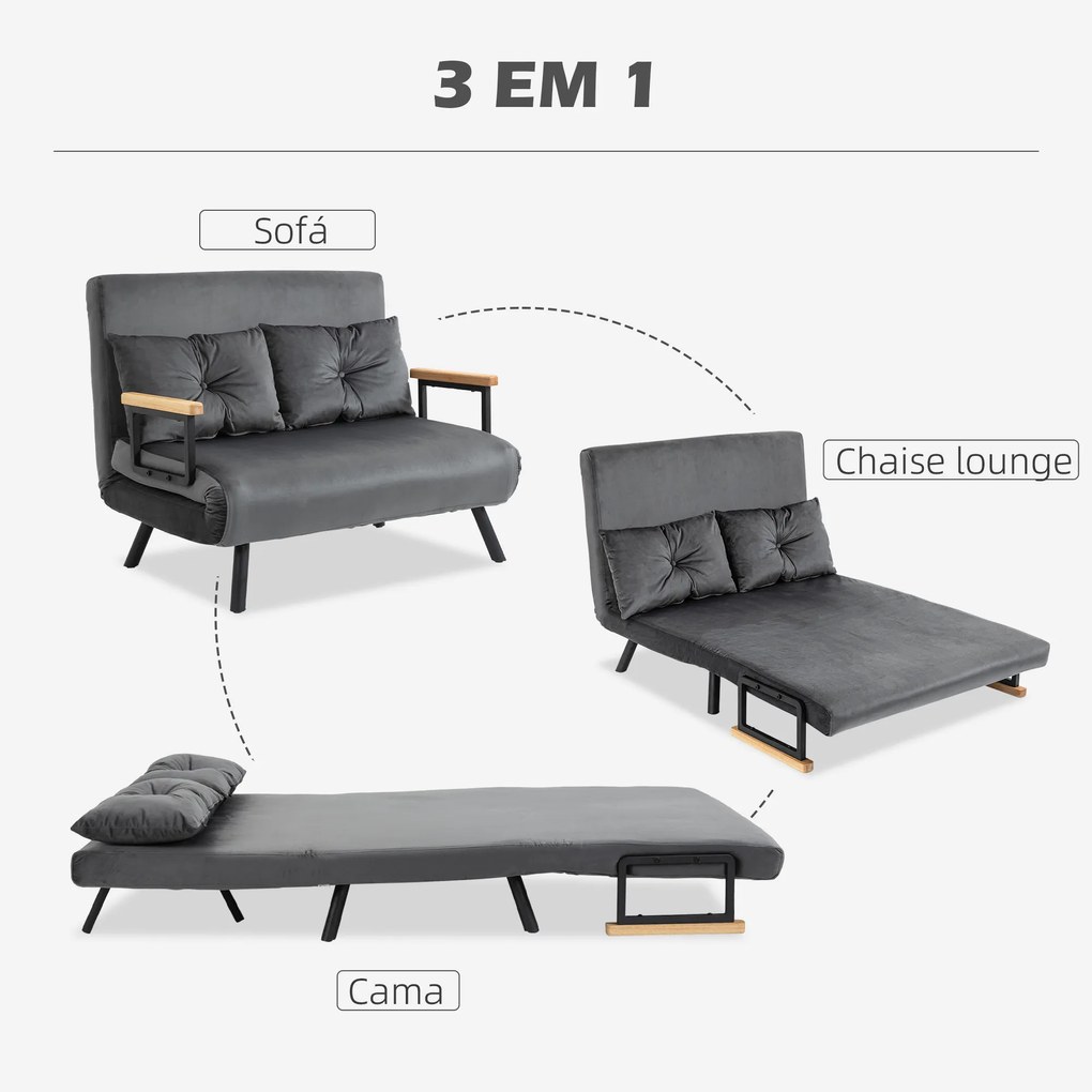 Sofá Cama Sofá Convertível em Cama de 2 Lugares Dobrável com Encosto Ajustável em 5 Níveis e 2 Almofadas 102x73x81 cm Cinza