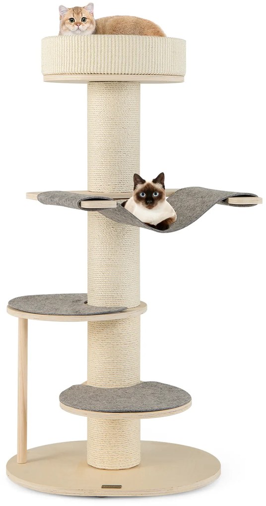 Casa de madeira para gatos de 2 andares com condomínio semifechado e roupas removíveis - cinza