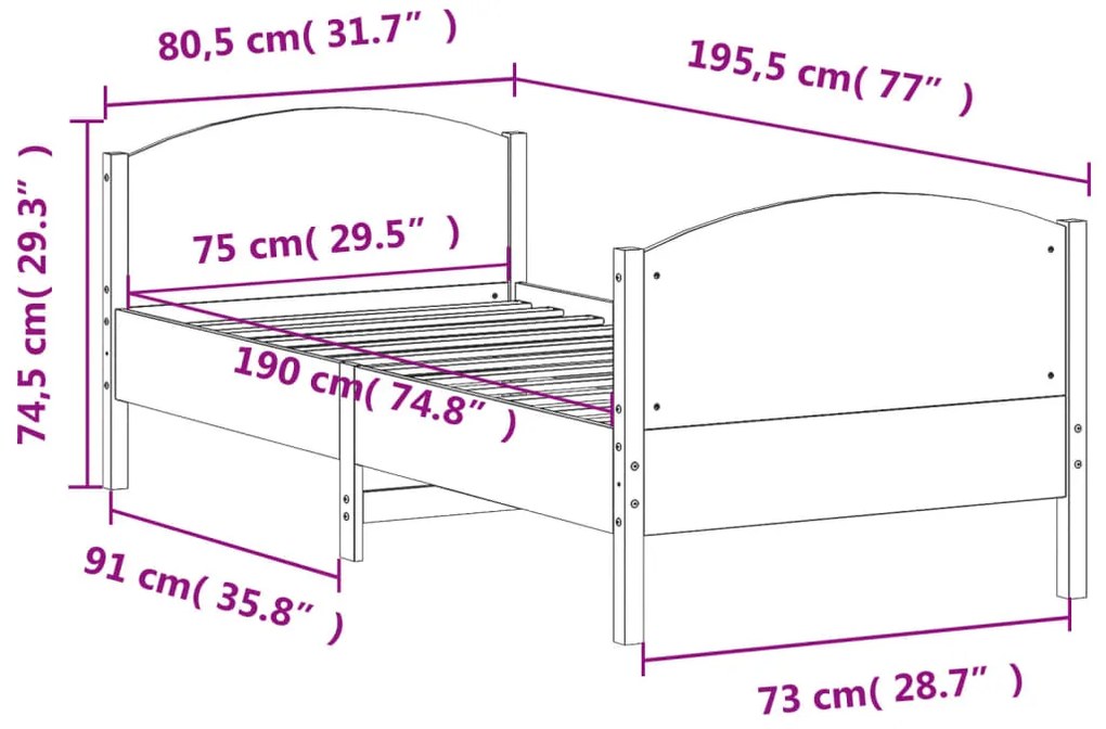 Estrutura cama c/ cabeceira 75x190 cm pinho maciço