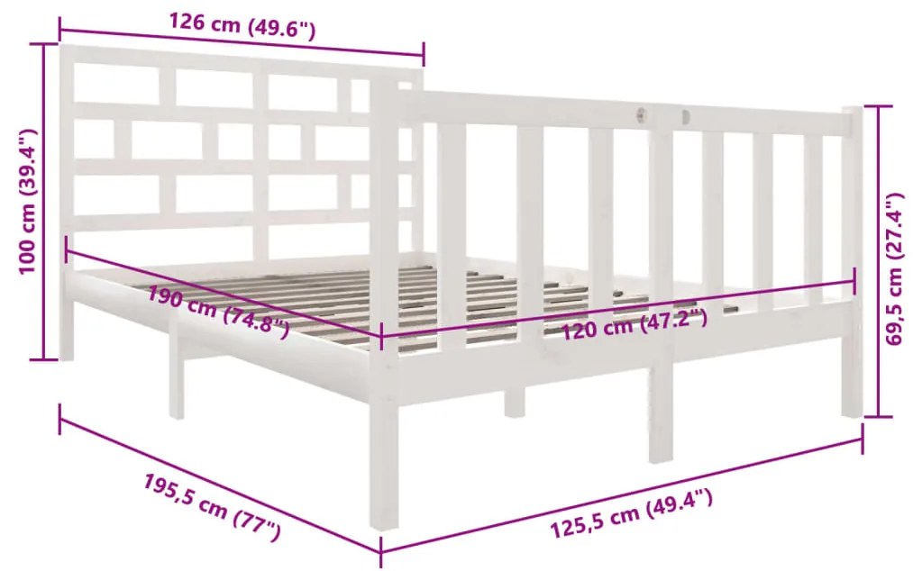 Estrutura de cama pequena casal 120x190 cm pinho maciço branco