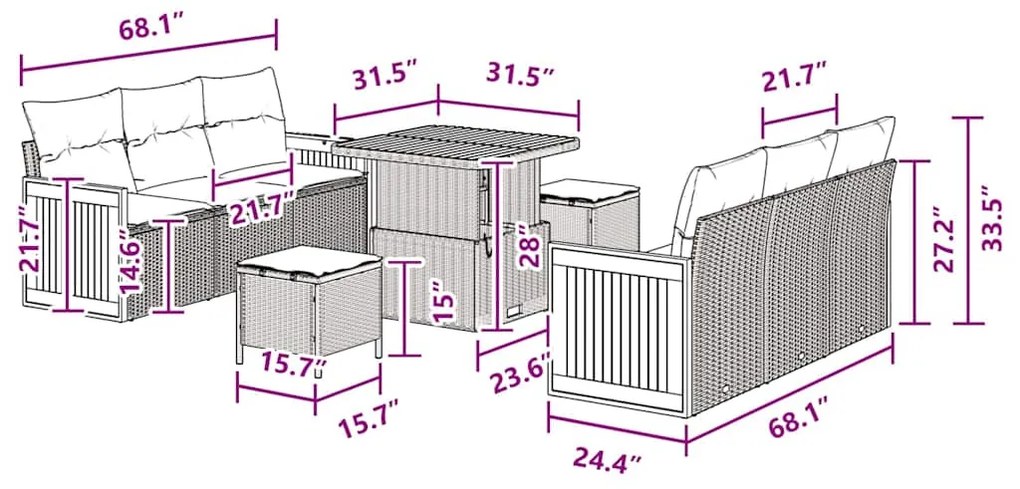 Conjunto de Sofá de Jardim vidaXL com Almofadas Preto Rattan Poliéster
