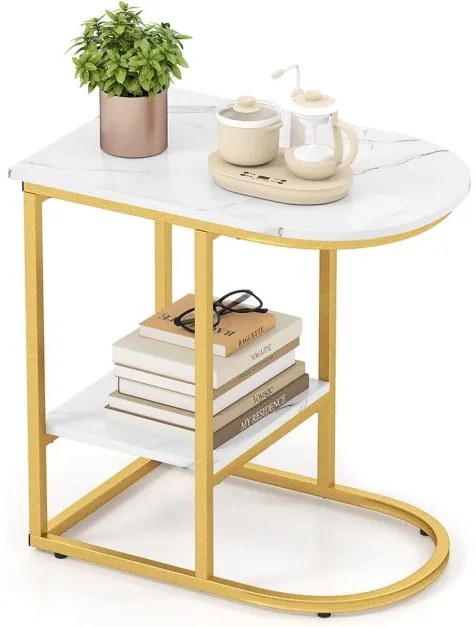 Mesa lateral moderna 60 x 40 x 60 cm em forma de C com tampo em mármore artificial e prateleira Branco + Dourado