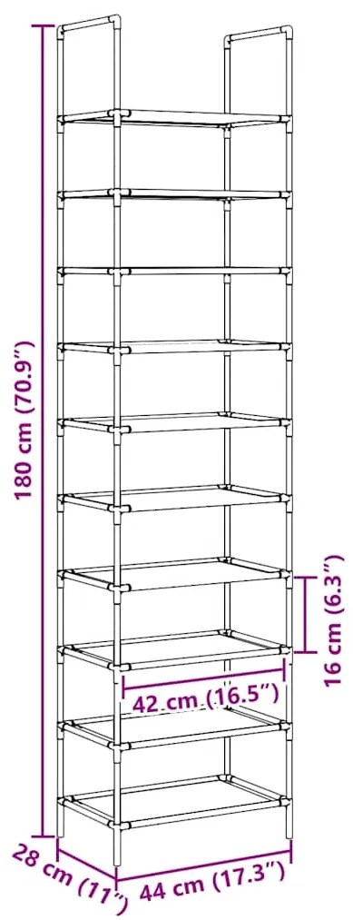 Sapateira 10 camadas 44x28x180 cm tecido não tecido preto