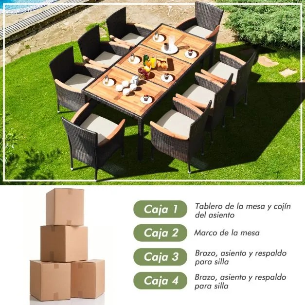 Conjunto de Jardim de 9 peças para 8 pessoas com tampo de mesa em acácia e almofadas amovíveis Castanho