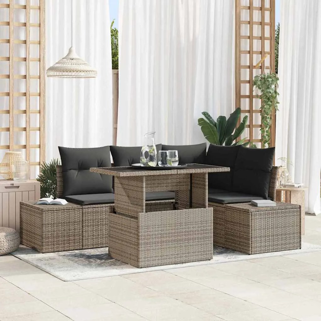 vidaXL Conjunto de Sofá de Jardim com 5 Peças e Almofadas Cinzas de Rattan Sintético