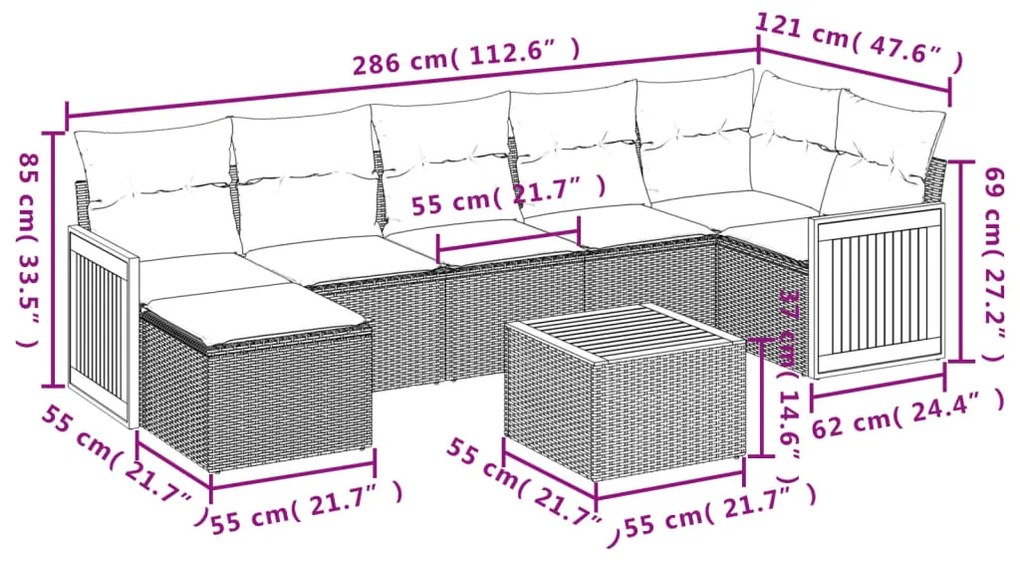 8 pcs conjunto de sofás p/ jardim com almofadões vime PE bege