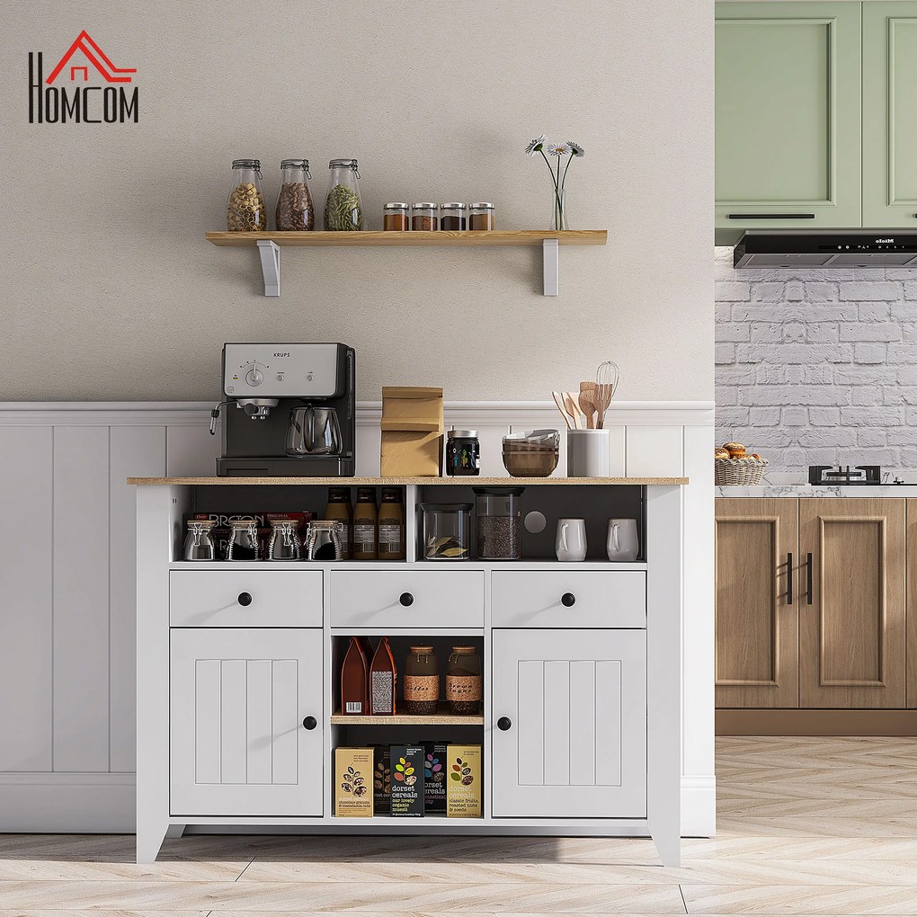 Aparador de Cozinha com 3 Gavetas 2 Armários 2 Prateleiras Abertas e 2 Prateleiras Ajustáveis Moderno 120x38x82 cm Branco