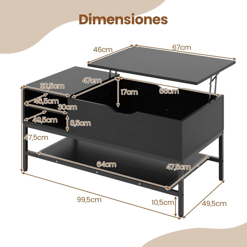 Mesa de centro elevável 99,5 x 49,5 x 47,5 cm com compartimento oculto com prateleira de armazenamento elevável Preta