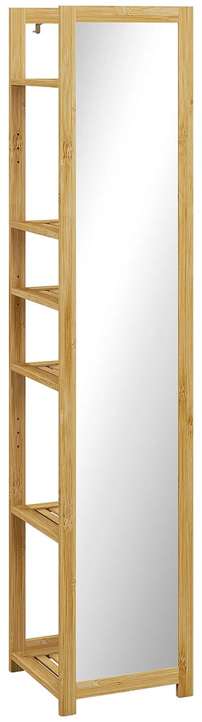 HOMCOM Móvel Coluna de Casa de Banho de 6 Níveis em Bambu com Espelho 6 Prateleiras Natural 35x35x168 cm | Aosom Portugal