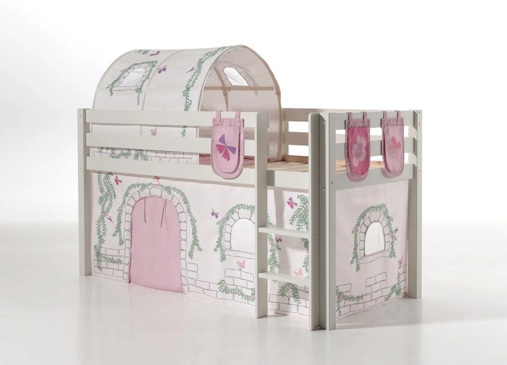 Conjunto Cama alta de Criança PINO 90 x 200 cm + estrado + escada + cortina +3 bolsas + túnel Passaros Branca