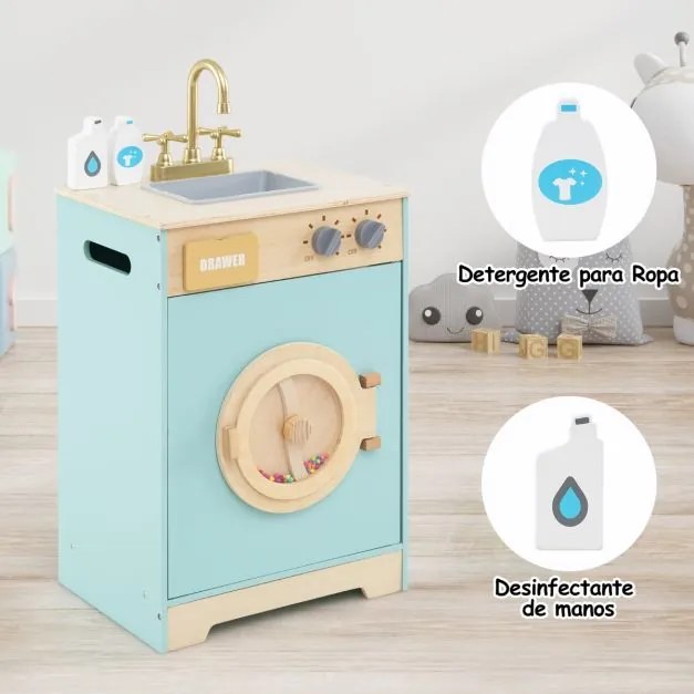 Máquina de Lavar para Crianças 40 × 30 × 75 cm com Detergente e Desinfetante para as Mãos com Pia, Gaveta e Rodas Giratórias Azul