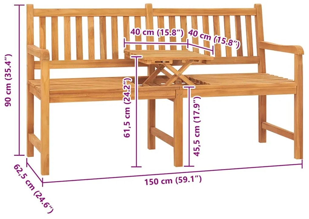 Banco de jardim 3 lugares c/ mesa 150 cm madeira de teca maciça