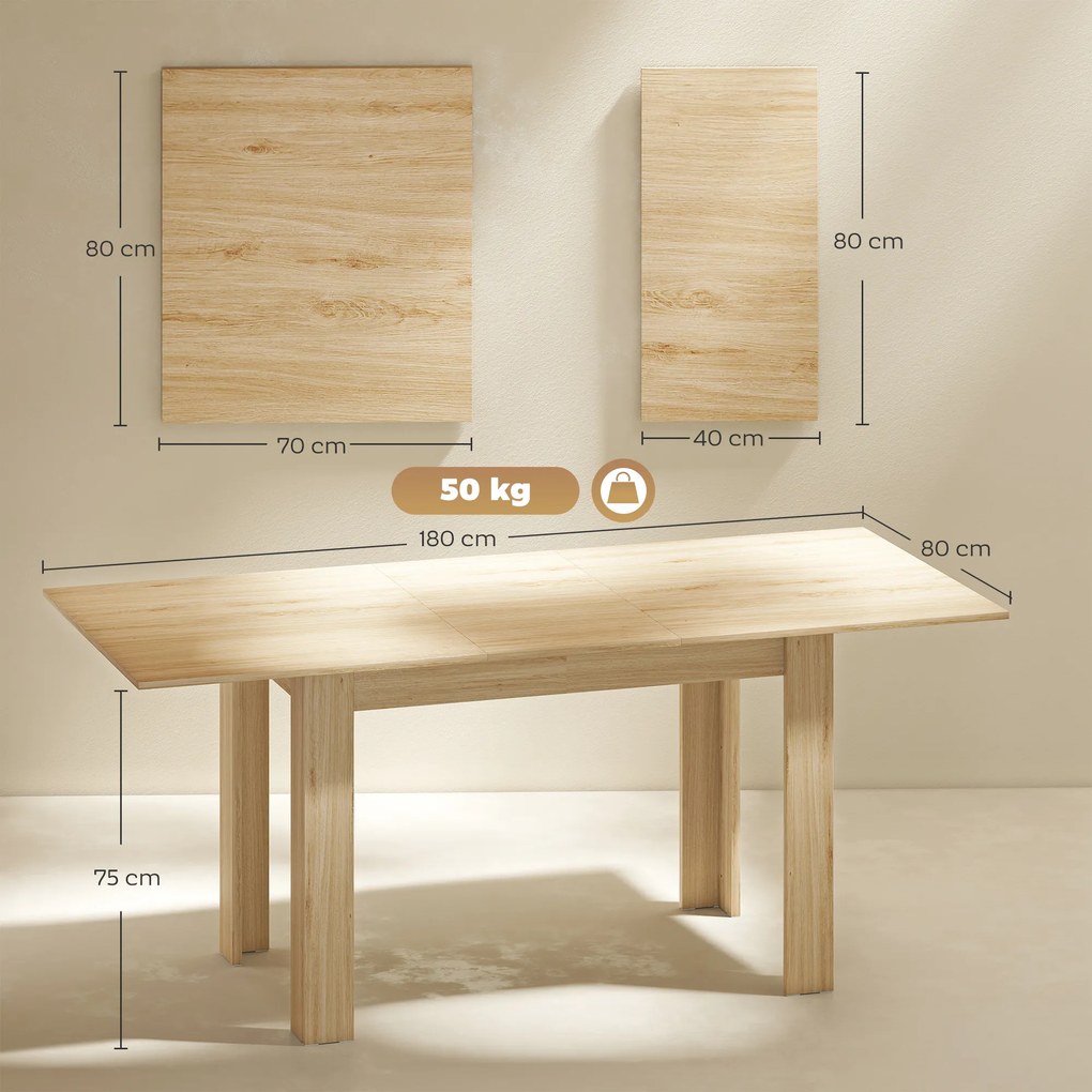 Mesa de jantar extensível, mesa de cozinha (CADEIRAS NÃO INCLUIDAS) retangular, para 6-8 pessoas, 140-180 x 80 cm, efeito de madeira natural