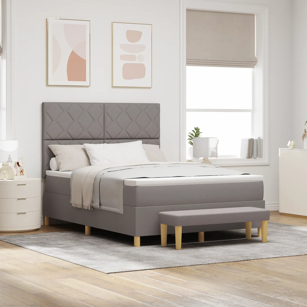 vidaXL Cama Box Spring com Colchão &amp; Banco Taupe 140x190 cm Tecido