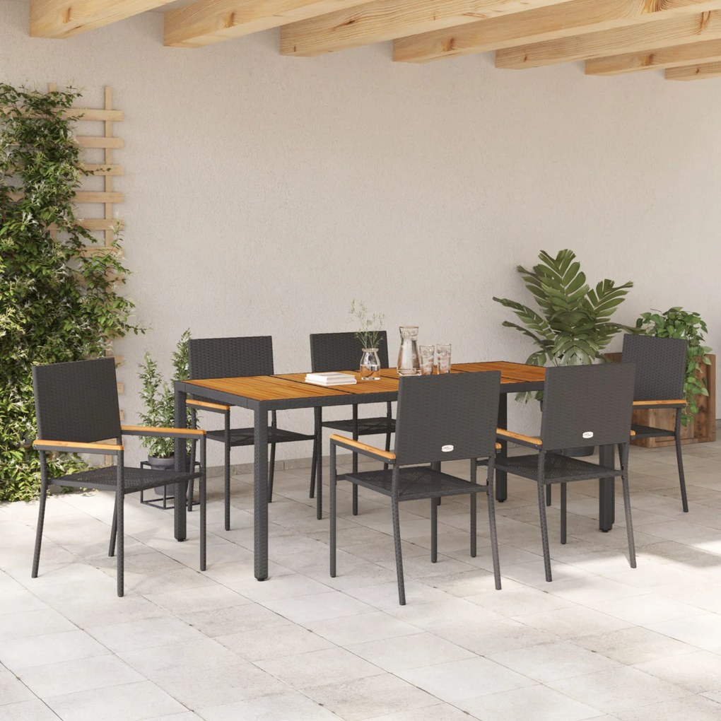 Conjunto de Jantar de Jardim vidaXL de 7 Peças em Rattan Preto