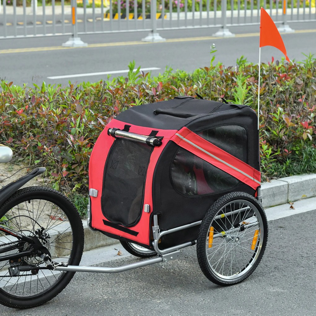 Reboque de bicicleta para cães e animais de estimação 130 L x 73 L x 90 A cm,, com 8 refletores, bandeira e barra de engate incluída, em aço e poliést