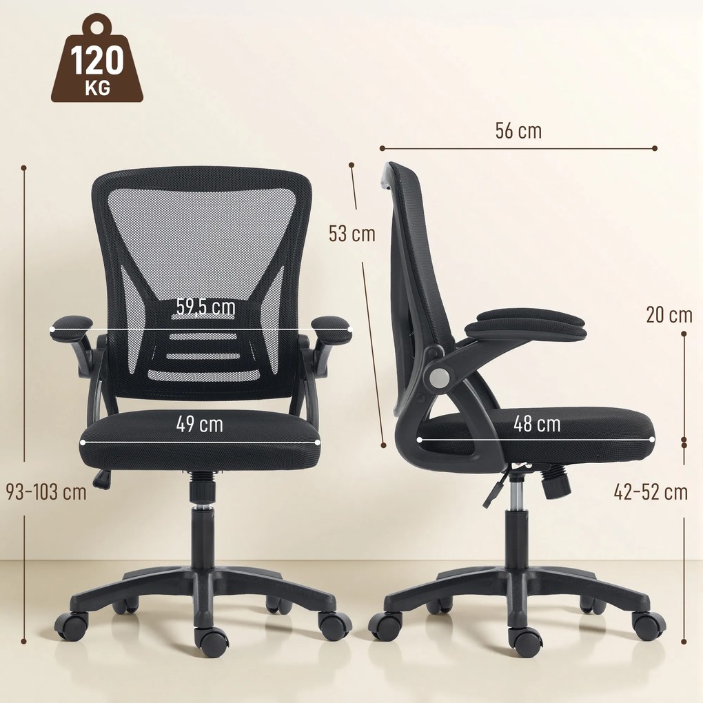 Cadeira de escritório ergonómica 59,5 x 56 x 103 cm, cadeira de escritório em malha, braços rebatíveis, altura ajustável, preta