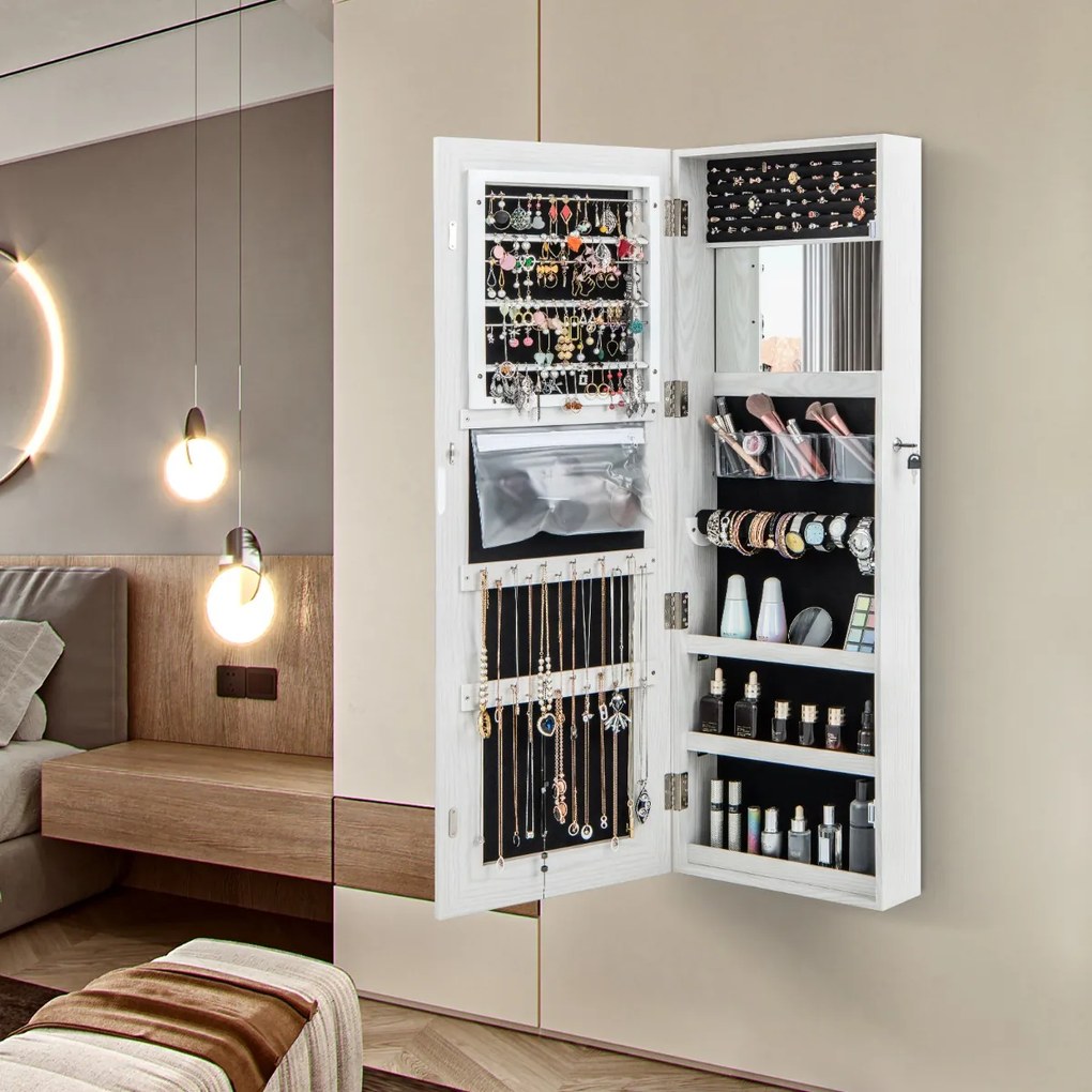 Armário para jóias com espelho LED 120 cm Luzes LED para espelhos 3 cores Espelho para maquilhagem e fecho magnético da porta Branco
