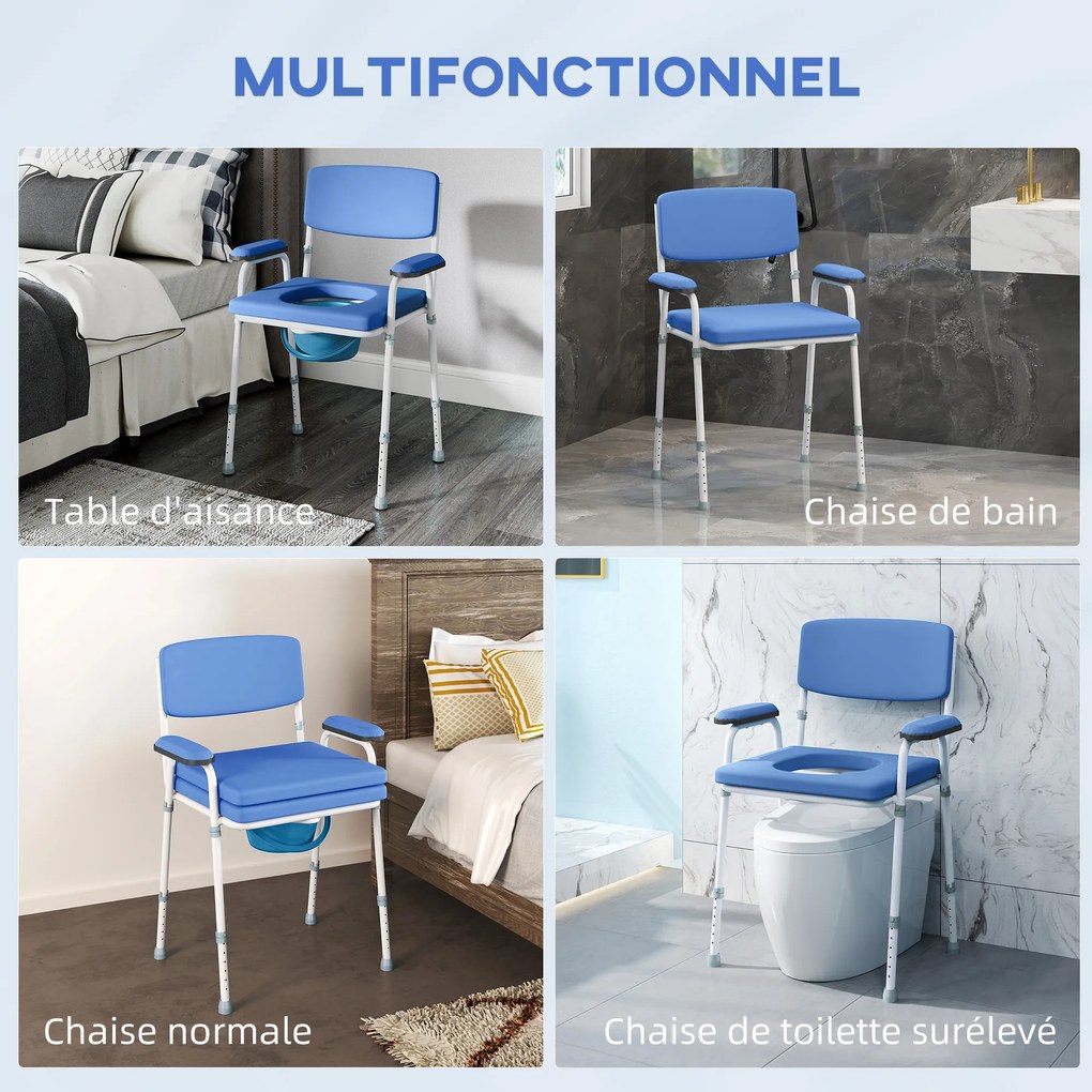 Cadeira sanitária multifunções com balde amovível, altura ajustável, com encosto, assento e braços almofadados, azul