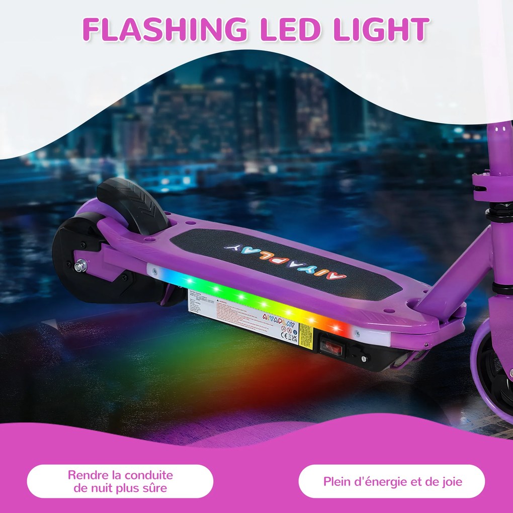 Trotinete elétrico para crianças dos 6 aos 14 anos, velocidade máxima de 10 km/h, luzes LED coloridas, travão elétrico, roxo