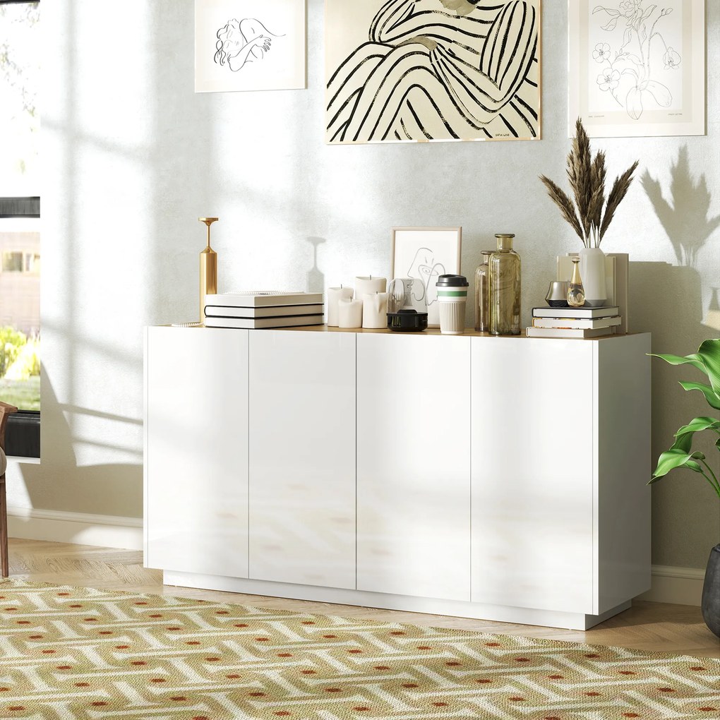 Aparador para sala de jantar e cozinha com 4 portas 140 x 40 x 75 cm com fecho suave e prateleiras ajustáveis, branco