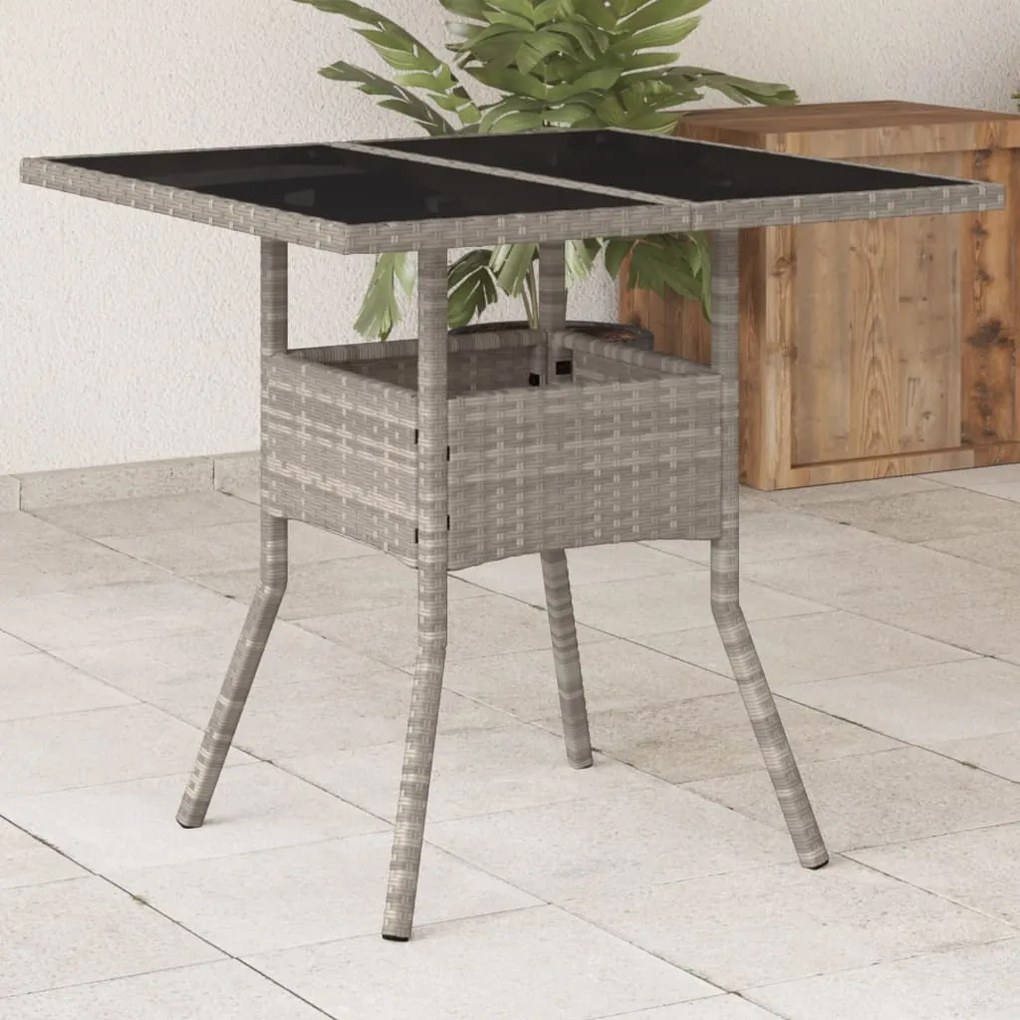 vidaXL Mesa jardim c/ tampo de vidro 80x80x75 cm vime PE cinza-claro