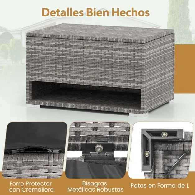 Caixa de armazenamento exterior de rattan com sapateira 95 x 60 x 58 cm com Forro protetor impermeável para Almofadas, terraço Varanda Cinza