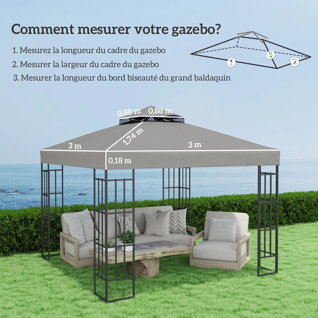 Lona substituição para tenda 3 x 3 m (NÃO INCLUIDA) para tenda de 2 níveis; proteção UPF30+; orifícios de drenagem; cinzenta