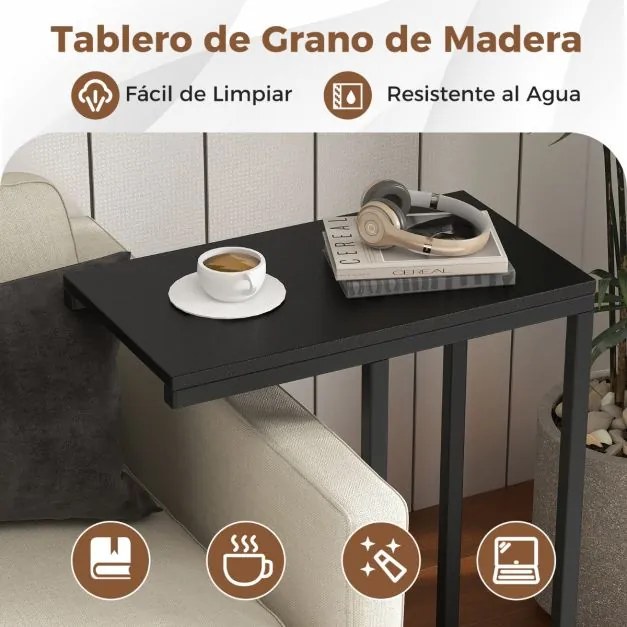 Mesa de apoio em forma de C para sofá e cama Altura 64 cm Mesa de apoio com estrutura metálica para sala de estar Espaços pequenos Preta