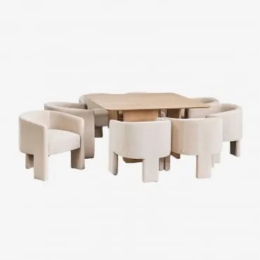 Conjunto De Mesa Quadrada 140x140 Cm Em Mdf E Chapa De Freixo Ginger E 8 Cadeiras De Jantar Veludo Xastru Natural - Sklum