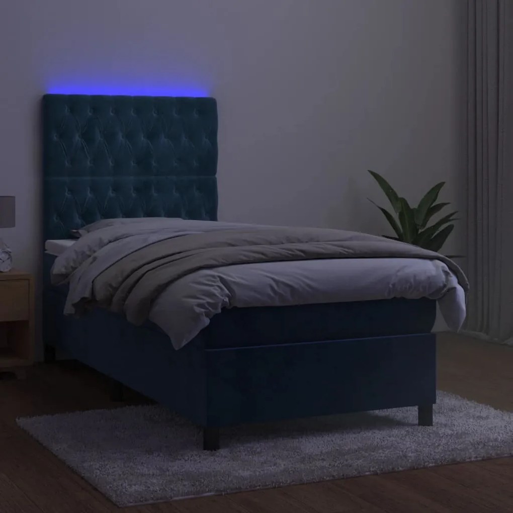 Cama box spring c/ colchão/LED 90x200 cm veludo azul-escuro