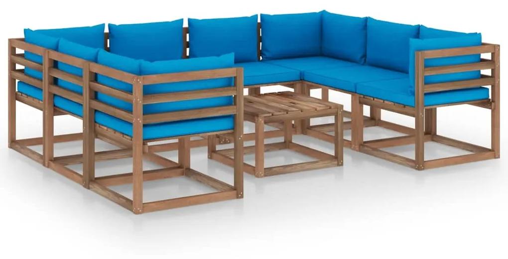 9 pcs conjunto lounge para jardim com almofadões azul-claro