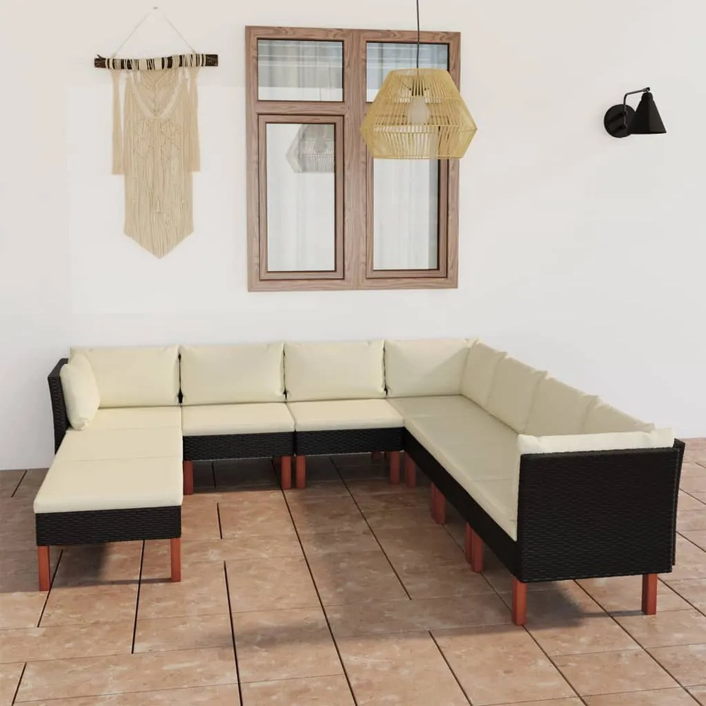 vidaXL 9 pcs conjunto lounge de jardim c/ almofadões vime PE preto