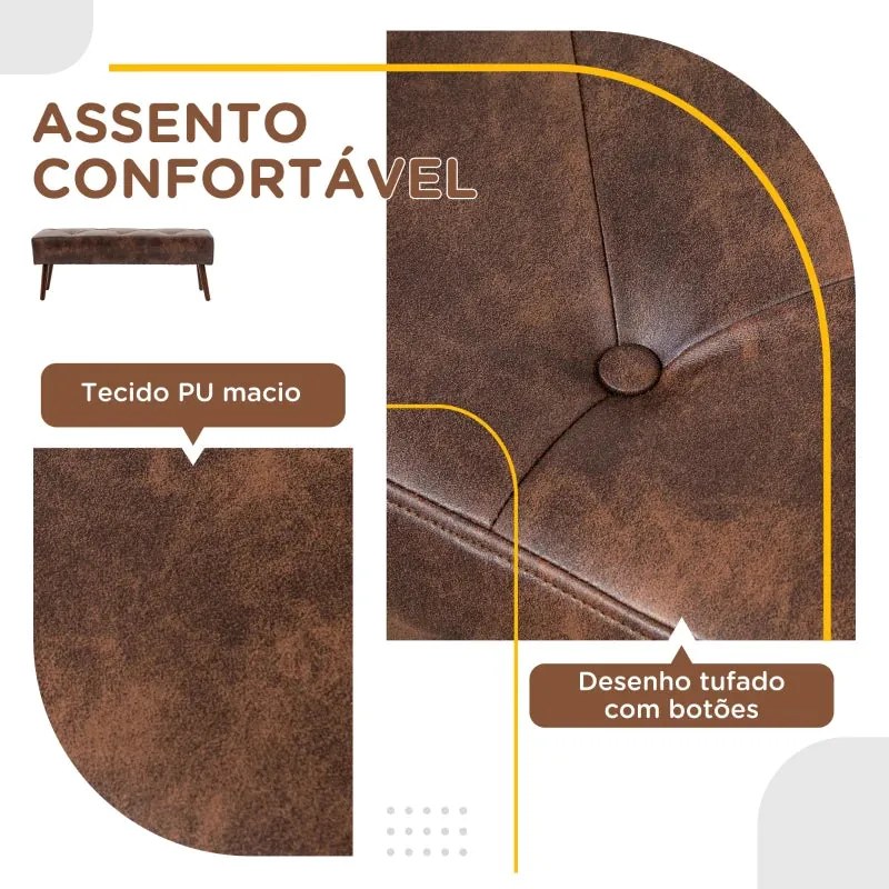 Banco Acolchoado – Henrita – 114x38x42 cm – Castanho – Design Vintage