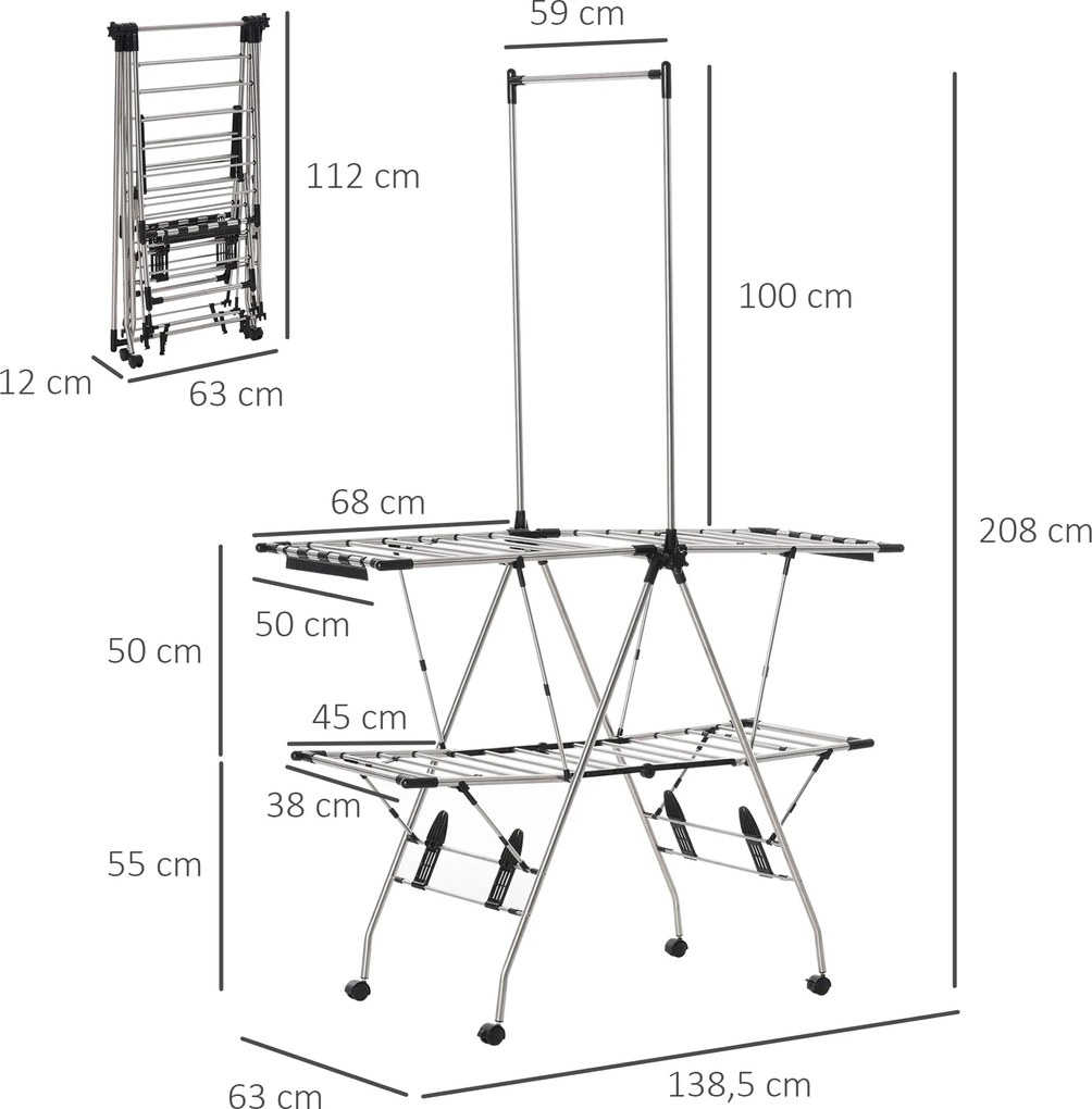 Estendal de roupa dobrável com rodas, ampla área de secagem, aço inoxidável, 138,5 x 63 x 208 cm, prateado e preto
