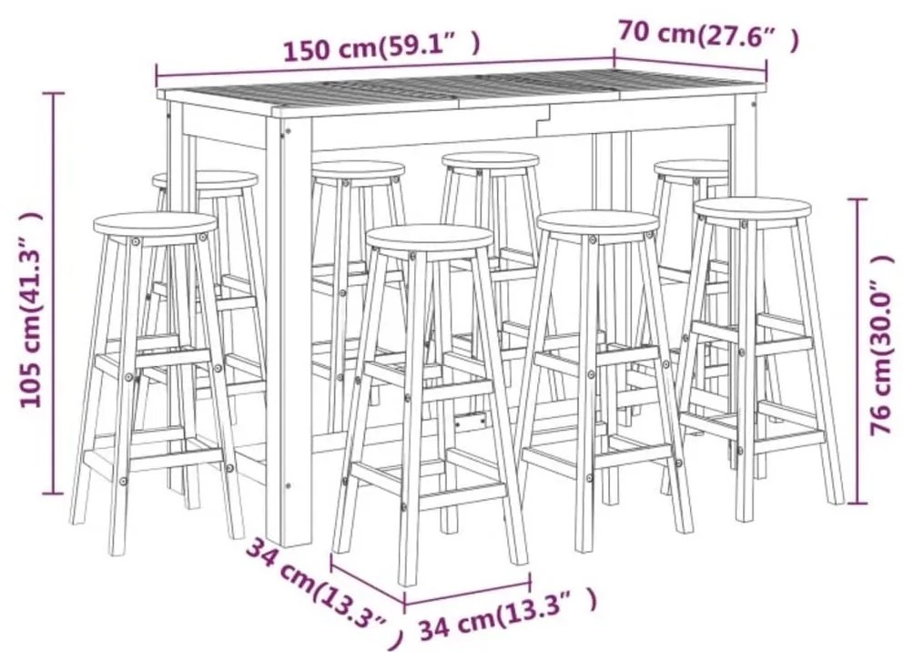 9 pcs conjunto de bar para jardim madeira de acácia maciça