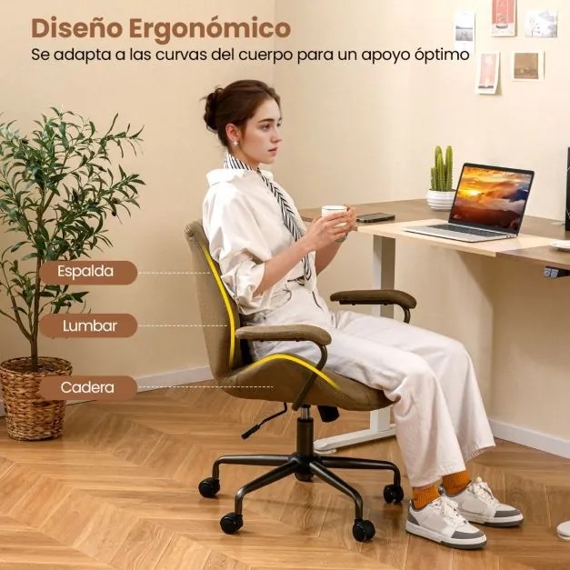 Cadeira de escritório com altura ajustável, braços acolchoados e rodas Capacidade de carga de 150 kg. 68 x 66 x 85-92 cm. Cor: verde-oliva.