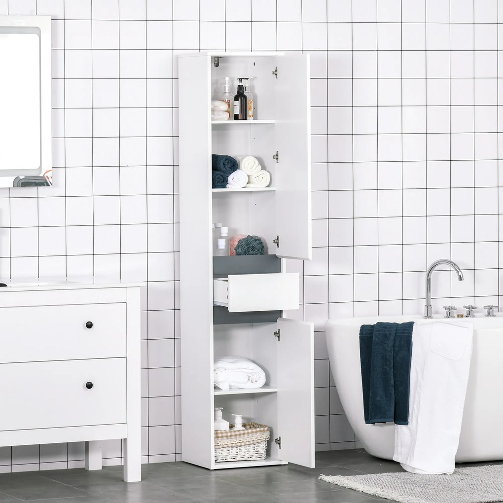 Móvel de coluna para arrumação na casa de banho, estilo contemporâneo, com 2 armários, 3 prateleiras e uma gaveta deslizante, em painéis de aglomerado
